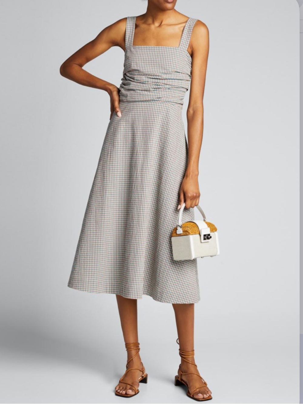 Veronica Beard Positano Check Square-Neck Gingham Midi Dress Blue Pink US 8